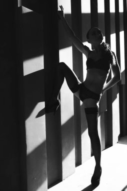 Seksi kız modelini duvarın arka planına karşı güçlendiriyor. Güneş ışığı. Siyah moda keten giymiş ince bir kız. Üstü görünüyor. bw.