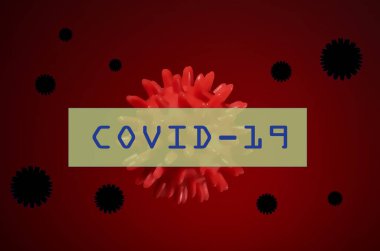 Kırmızı arkaplanda COVID 19 yazıyor. Virüs tüm dünyada. Evde kal. Tehlike yakın. Kırmızı bakteri. Plakası harf ve sayılarla dolu..