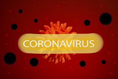 Kırmızı arkaplanda Coronavirus yazılıydı. Virüs tüm dünyada. Evde kal. Tehlike yakın. Siyah bakteri. Tabakta harfler var.