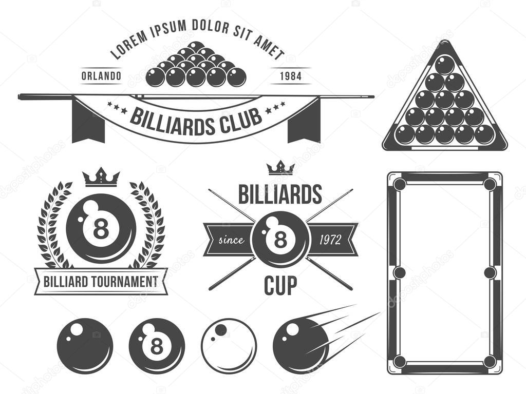Billiards accessories and emblems, vector set