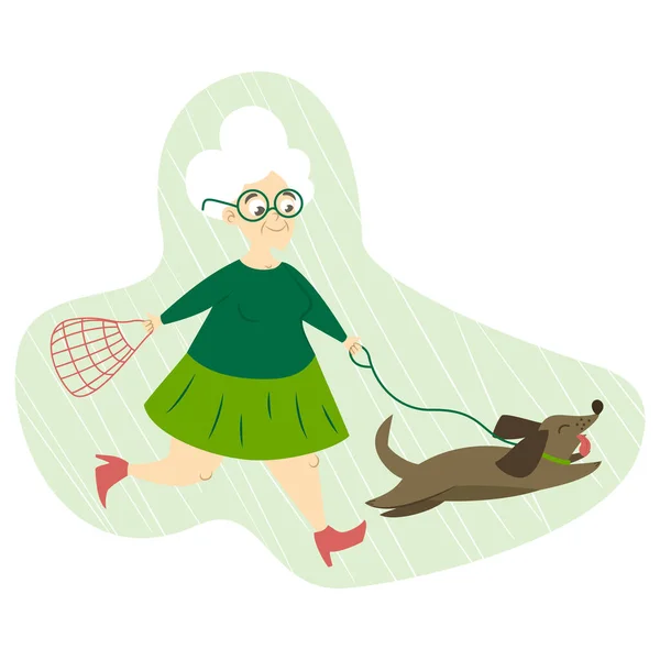 笑得开心的奶奶带着可爱的有趣的狗散步 外婆的生活方式 积极的奶奶 — 图库矢量图片