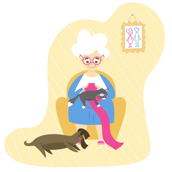 Бабушка Вязанием Сидит Кресле Окружении Смешной Кошки Собаки — стоковый вектор