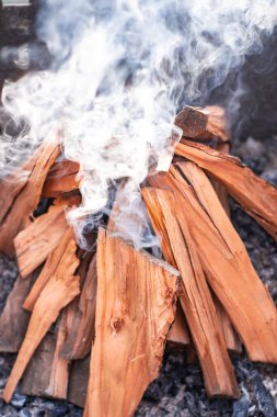 Alevler ve duman yanan odundan