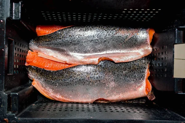 Pezzi di pesce rosso con pelle refrigerata che giace in un contenitore nero, vista dall'alto — Foto Stock