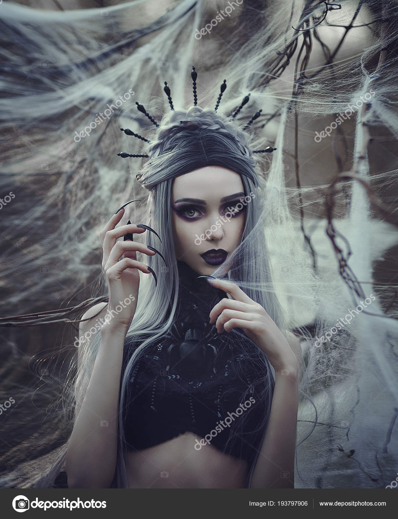 Spider Web Hairstyle Beautiful Sexy Gothic Girl With Pale Skin