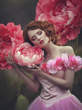 Dev Şakayık pembe çiçekler poz bir peri pembe elbiseli kızıl saçlı güzel şehvetli kız. Bir çiçek Prenses kız.