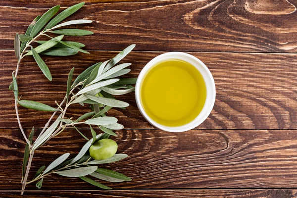 Olive Oil Branches Wooden Rustic Background — Stock Photo, Image