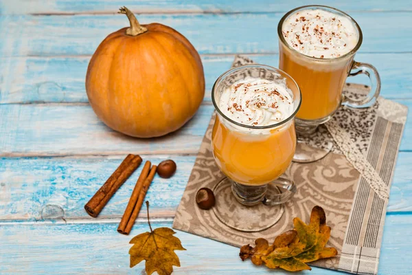 Pumpkin Spice Latte Whipped Cream Blue Wooden Background Autumn Background — Stock Photo, Image