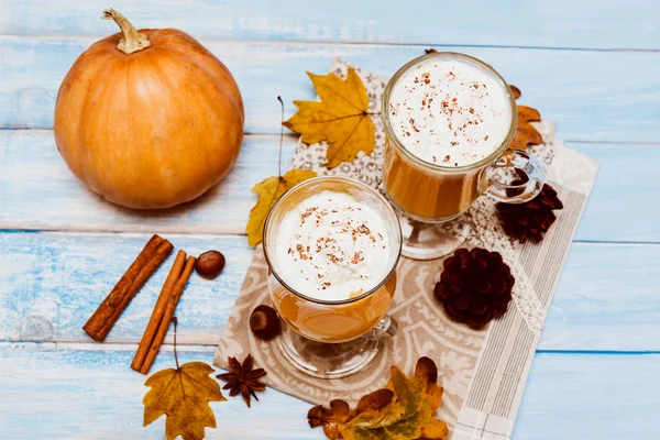 Pumpkin Spice Latte Whipped Cream Blue Wooden Background Autumn Background — Stock Photo, Image