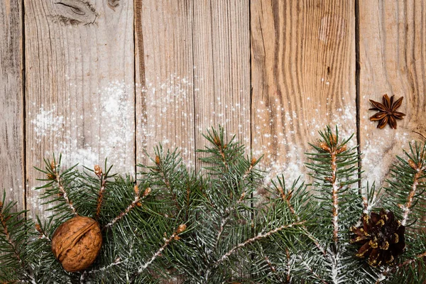 Christmas Fir Tree Branches Wooden Background Christmas Wooden Background Snow — Stock Photo, Image