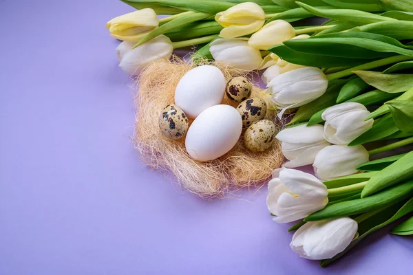 Easter Eggs Tulips Blue Background — Stock Photo, Image