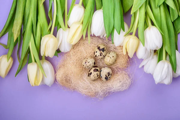 Easter Eggs Tulips Blue Background Top View — Stock Photo, Image