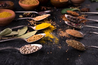 Siyah arka planda baharatlar ve bitkiler. Hint mutfağı.  