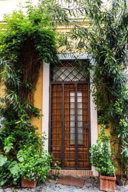 Trastevere bölgesinde güzel bir klasik kapı ve renkli çiçekler. Trastevere 'deki eski cadde, Roma, İtalya.