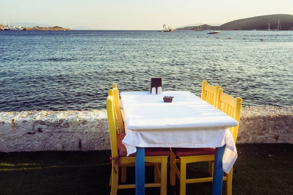 Tables Bodrum Town Beautiful Aegean Sea Beach Cafe Sea Turkey — Stock Photo, Image