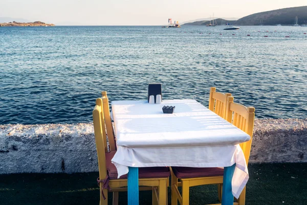 Tables Bodrum Town Beautiful Aegean Sea Beach Cafe Sea Turkey — Stock Photo, Image