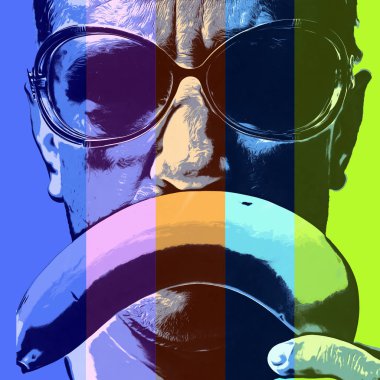 Popüler sanat retro posteri, gözlüklü bir adam elinde bıyık yerine muz tutuyor. Renk arkaplanı.