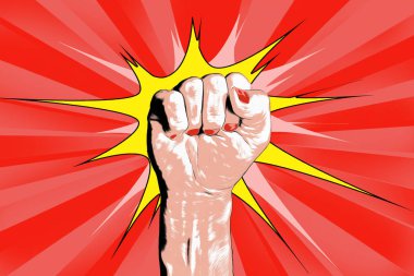 Retro pop sanat posteri. İnsan eli yumruk sembolü yapar.
