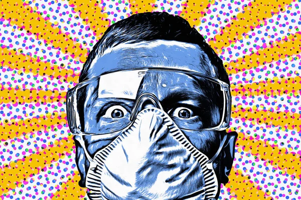 Retro pop art poster. A man in glasses and a respirator with astonished eyes.