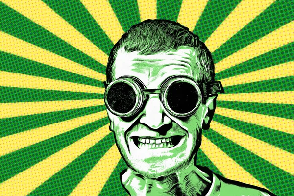 Cartaz de arte pop retro, a cabeça de um homem de óculos de proteção está sorrindo enquanto tem um mau humor . — Fotografia de Stock