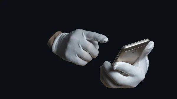 hands in white gloves on a black background. one hand holds a smartphone, the other with the index finger wants to click on the smartphone screen. on a black background