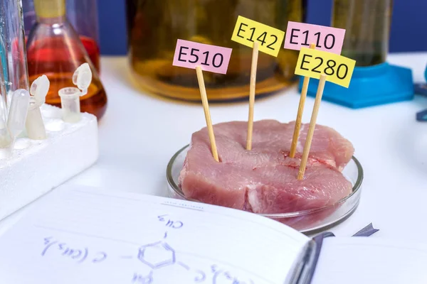 Kimyasal formüllerle besin takviyeleri içeren not defteri. Laboratuvar, et araştırması. E ile Tabaklar. — Stok fotoğraf
