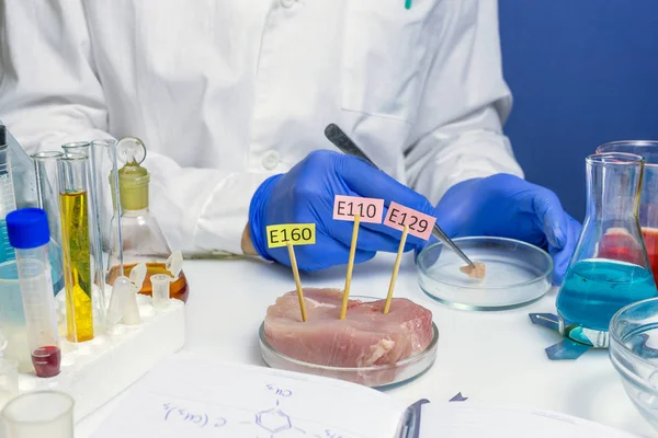 Experto en seguridad alimentaria verificando carne roja en el laboratorio. Etiquetas con aditivos E . — Foto de Stock