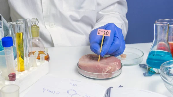 Experto en seguridad alimentaria verificando carne roja en el laboratorio. Etiquetas con aditivos E . — Foto de Stock