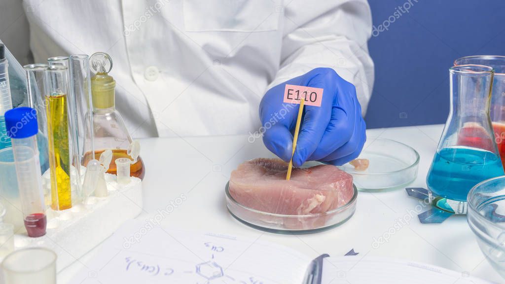 Food safety expert checking red meat in the laboratory. Labels with E additives.