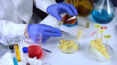 Gıda güvenliği laboratuvarı, bilim adamı konsepti. Müfettiş, laboratuardaki bir dükkandan peyniri inceliyor..
