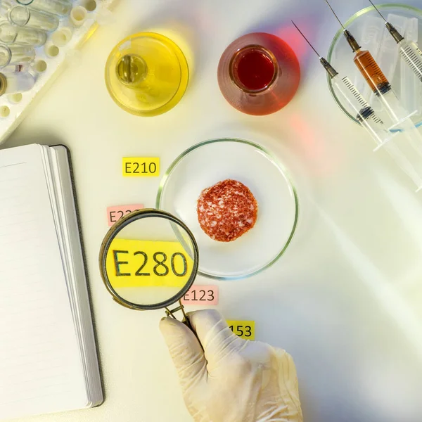 Sağlıklı fotoğraf yeme konsepti. Laboratuvar asistanının eli elinde bir büyüteç tutuyor. Bir parça sosis, E gıda laboratuarının katkı maddelerinin isimleriyle süslenmiş..
