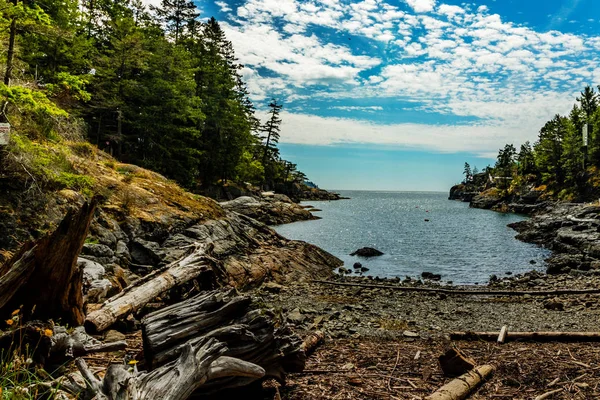 Logs, seixos oceano, céu e nuvens em Smuggler 's Cove, Sunshine Coast, BC, Canadá — Fotografia de Stock