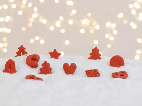 Biscoitos Natal Vermelho Neve Branca Com Luzes Brilhantes Fundo — Fotografia de Stock