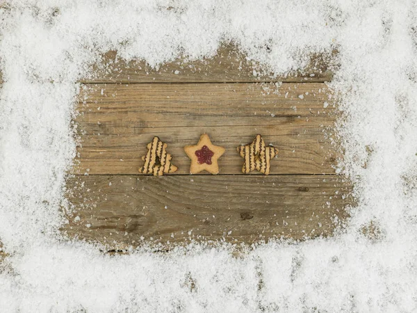 Coleção Biscoitos Natal Neve Branca Fundo Madeira — Fotografia de Stock