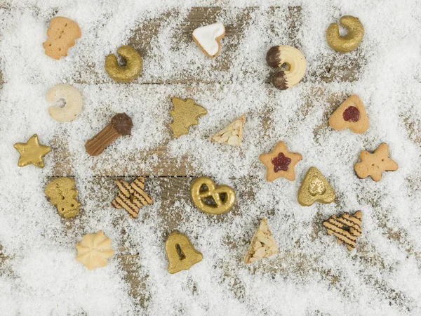 Collection Christmas Cookies White Snow Wooden Background — Stock Photo, Image