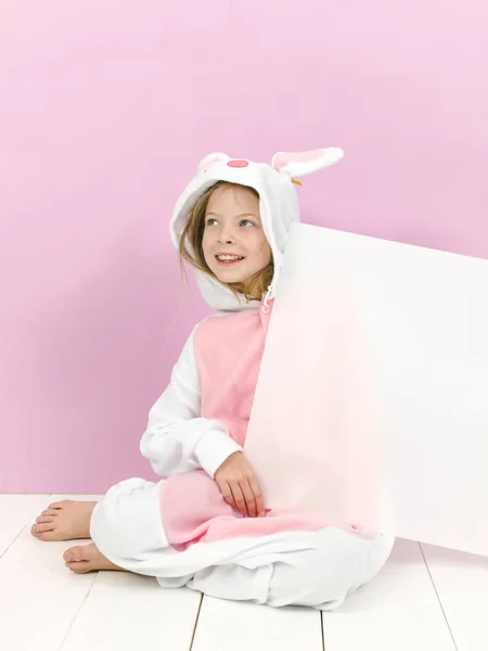 Happy Pretty Blonde Girl Cozy Rabbit Costume White Sign Posing — Stock Photo, Image