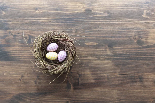 Bird Nest Colorful Painted Eggs Wooden Background Easter Concept — Stock Photo, Image