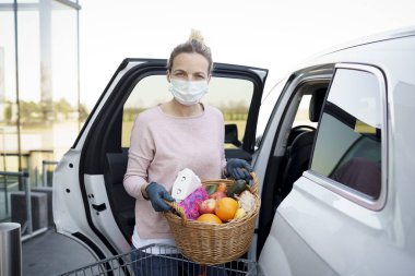 Ağız koruyucu maskeli, eldivenli güzel bir kadın Corona Covid krizi sırasında arabanın yanında alışveriş sepeti tutuyor. 