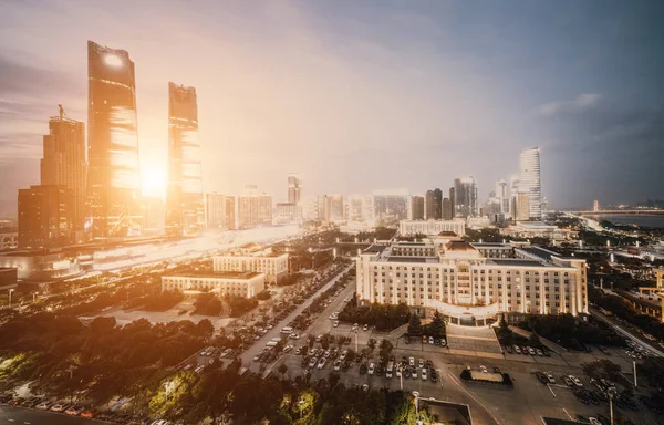 Fågel Visa Nanchang Kina Skyskrapa Uppbyggnad Förgrunden Dimma Mulen Himmel — Stockfoto