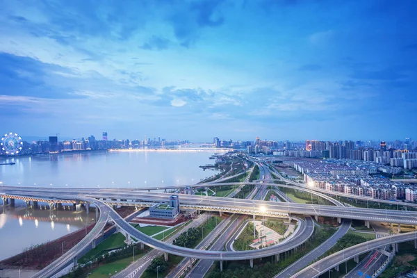 Shanghai interchange overpass and elevated road in nightfall — Stock Photo, Image