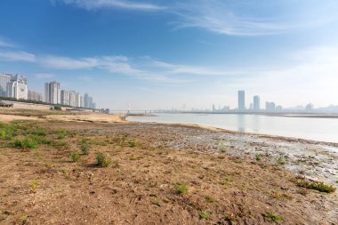 Sıcak, güneşli bir günde güzel, beyaz, kumlu bir plajın üzerinde modern, metropoliten bir şehir kulesinin uzun gökdelenleri..