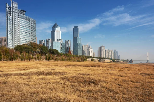 Tall Skyscrapers Modern Metropolitan Cityscape Tower Beautiful White Sandy Beach — Stock Photo, Image