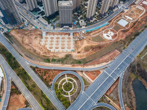 Transport Junction Traffic Road Vehicle Movement Aerial View Drone — Stock Photo, Image