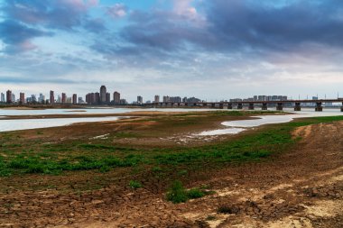 Sıcak, güneşli bir günde güzel, beyaz, kumlu bir plajın üzerinde modern, metropoliten bir şehir kulesinin uzun gökdelenleri..