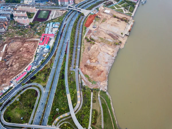 Luchtfotografie Vogelperspectief Van City Viaduct Brug Straatbeeld Landschap — Stockfoto