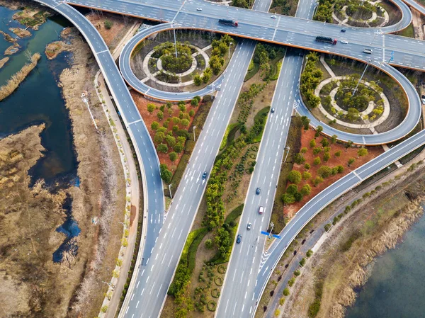 Transport Junction Traffic Road Vehicle Movement Aerial View Drone — Stock Photo, Image