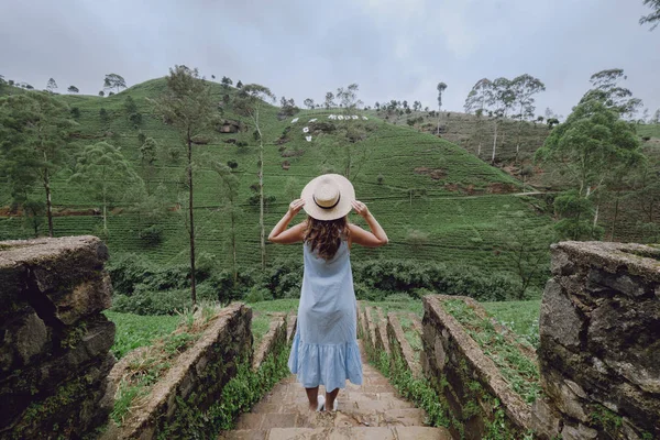Mujer joven mirando las plantaciones de té de Sri Lanka — Foto de Stock