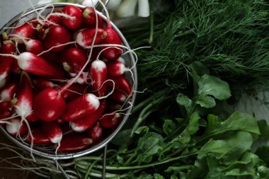 Bir kevgir ve yeşillik bir tablo taze turp