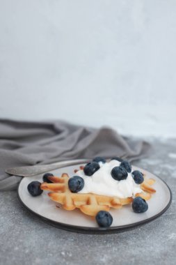 Dondurma ve yaban mersinli Viyana waffle 'ı. Yukarıdan bak. Kahvaltı konsepti.