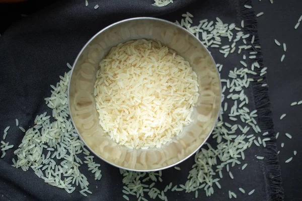 Bowl Raw Long White Rice Close View — Stock Photo, Image